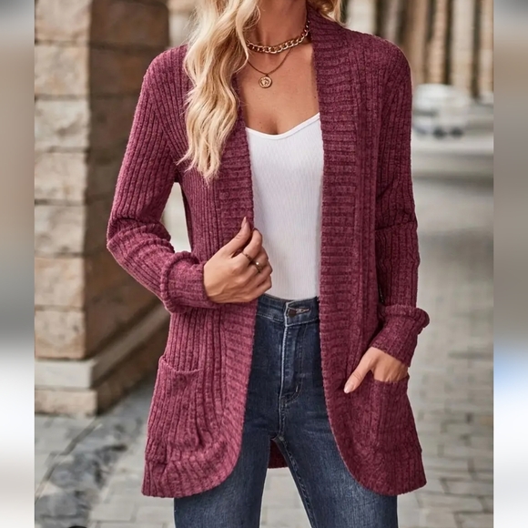 Alya Women's Ribbed Cardigan - Deep Burgundy, Size Small - Picture 1 of 5